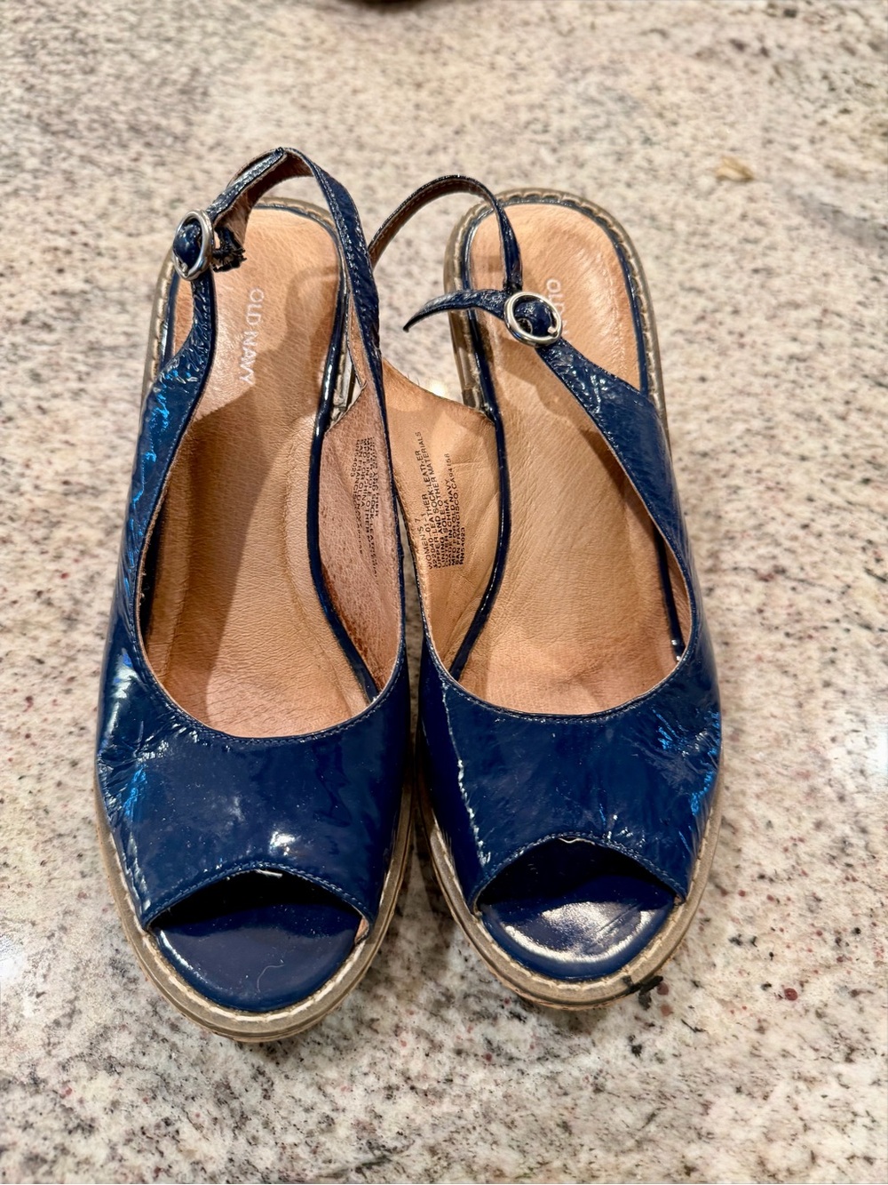 Old Navy Blue Patent Peep-Toe Slingback Wedges